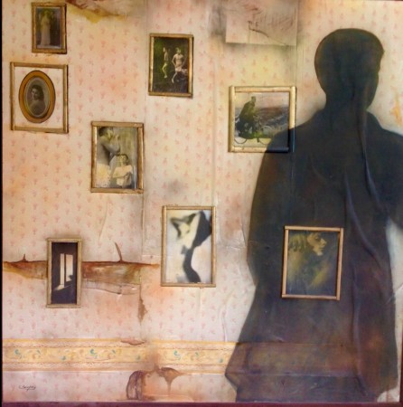 RICORDI APPESI AD UN MURO cm 140x 140 anno 2007 carta da parati anni ‘50 , foto e acrilico su tela